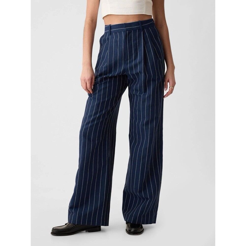 GAP Linen Cotton Pleated Wide Leg Pants Sz 4 Blue Pinstripe Coastal Euro Summer